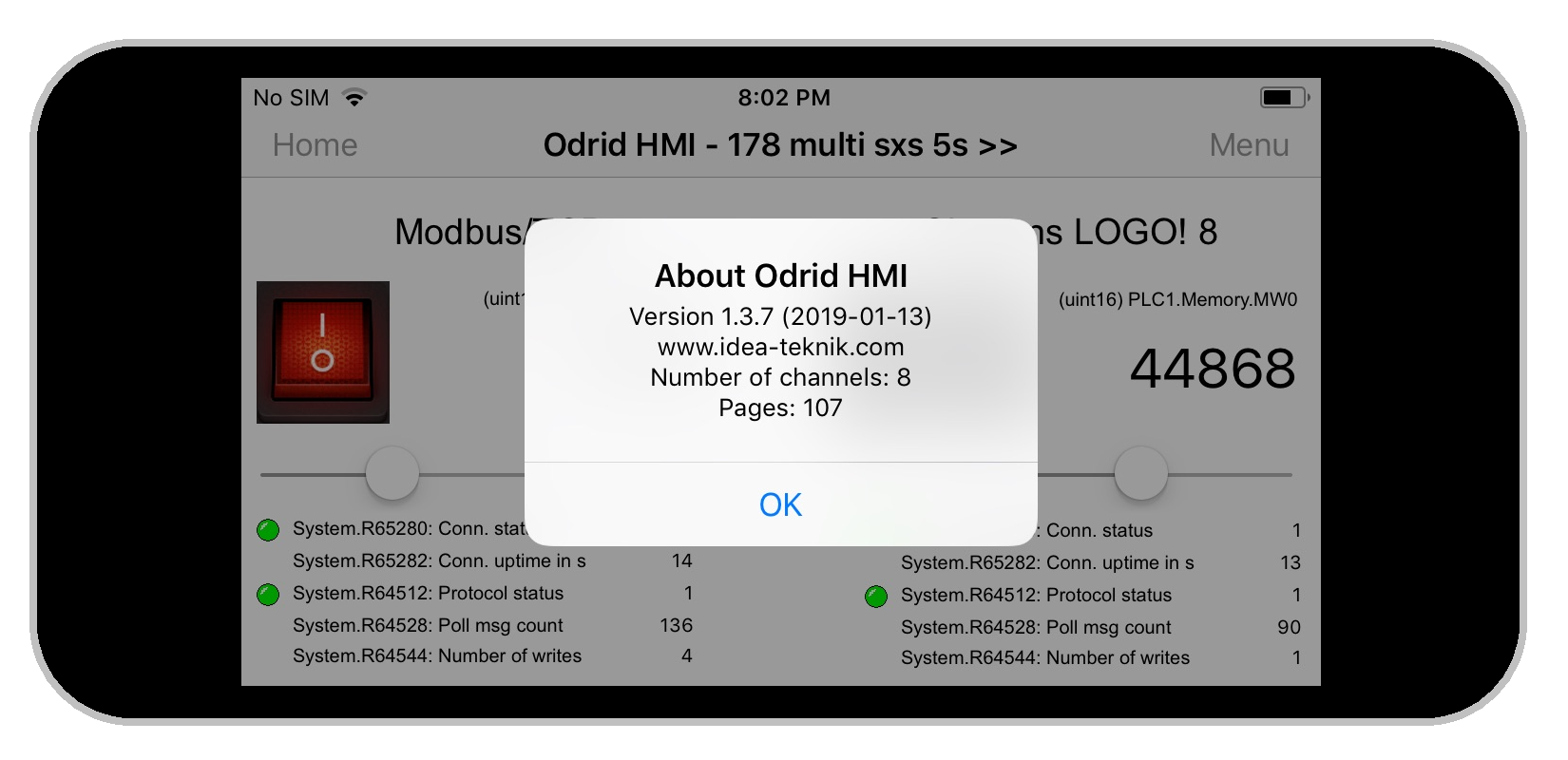 Odrid HMI 1.3.7 on an Iphone 5s