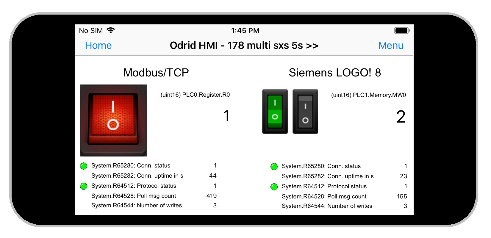 Odrid HMI 1.3.0 on an Iphone 5s