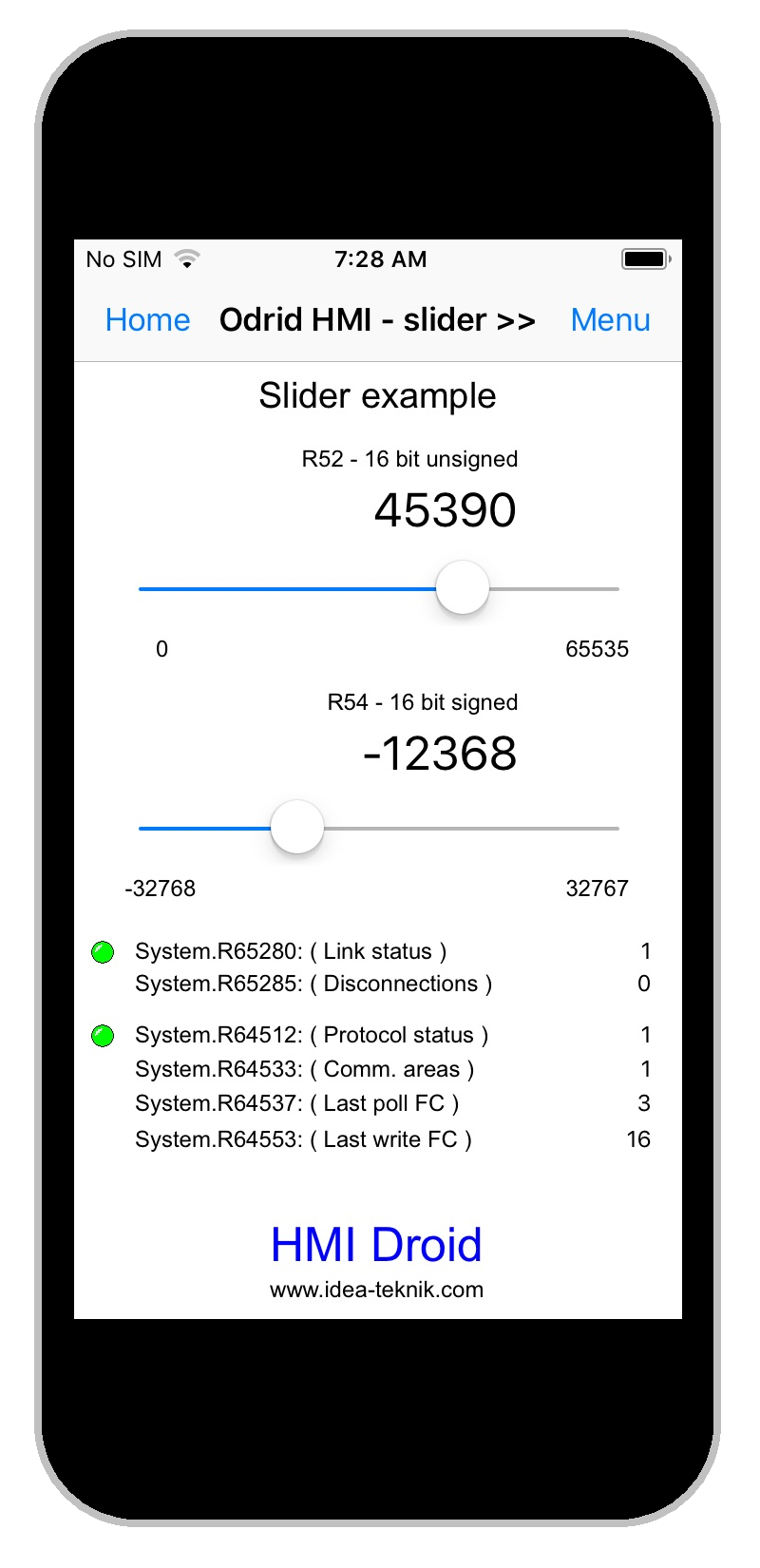 HMI Droid for iOS - Slider example